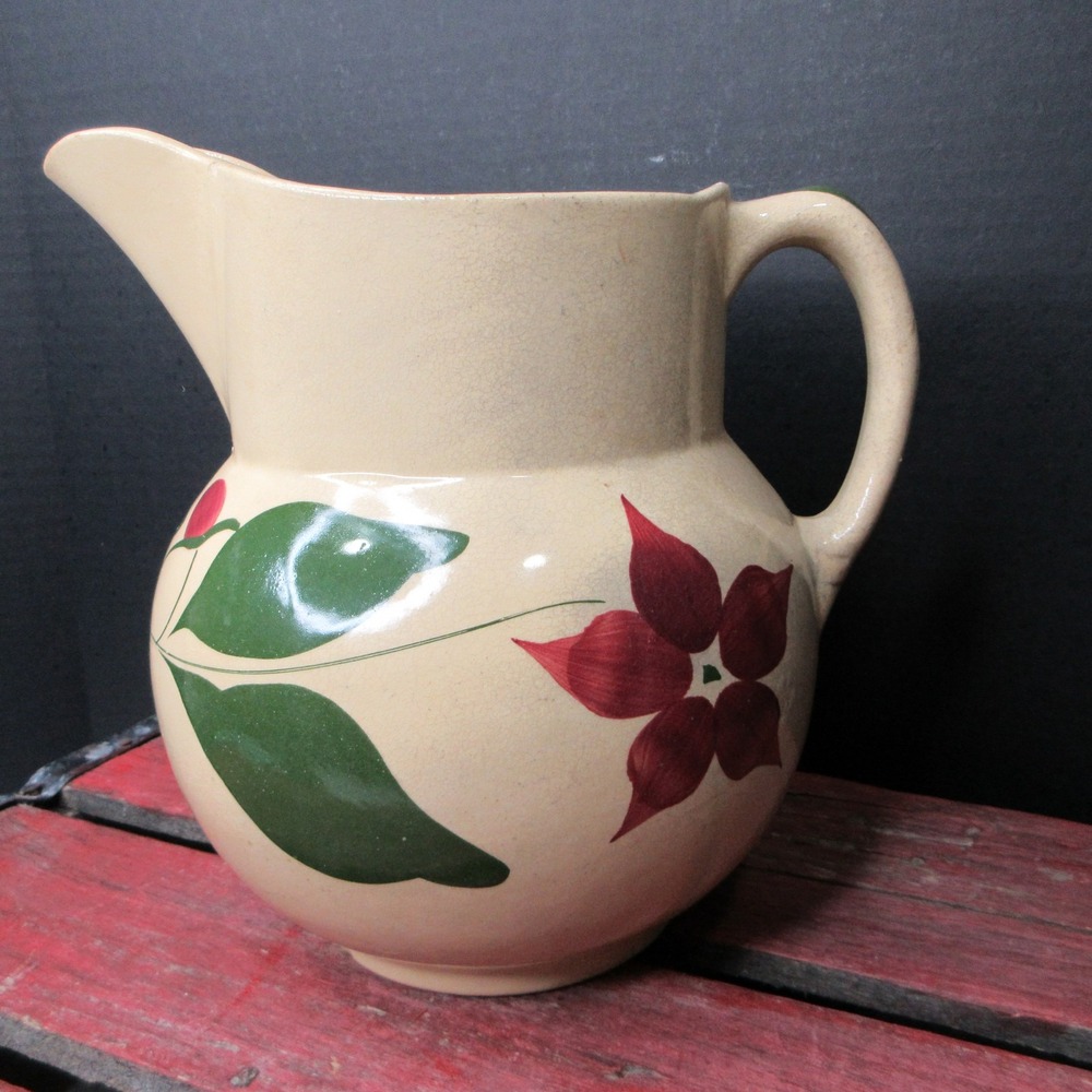 VTG Watts Pottery Starflower Pitcher #17 Jug Cream Beige Maroon Green